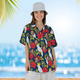 Woman wearing the Cockatoo Tropical Hawaiian Shirt with custom faces