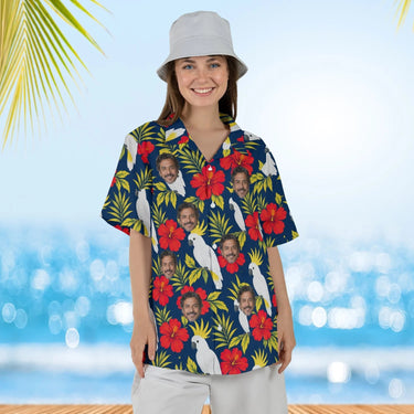 Woman wearing the Cockatoo Tropical Hawaiian Shirt with custom faces