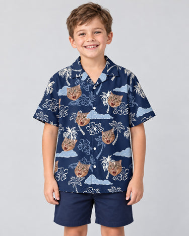 Coconut Palm Delight Hawaiian shirt with printed faces, worn by a child