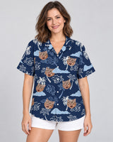 Coconut Palm Delight Hawaiian shirt with printed faces, worn by a woman