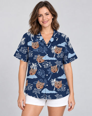 Coconut Palm Delight Hawaiian shirt with printed faces, worn by a woman