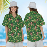 Woman wearing the Coconut Palm Island Hawaiian Shirt with custom faces, front and back view