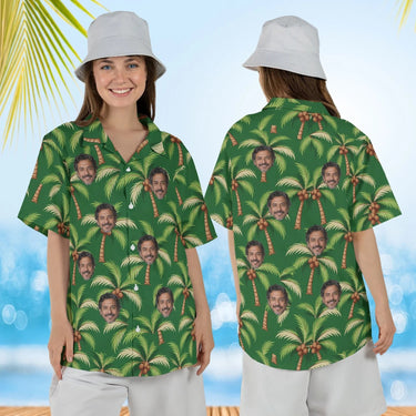 Woman wearing the Coconut Palm Island Hawaiian Shirt with custom faces, front and back view
