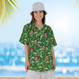Woman wearing the Coconut Palm Island Hawaiian Shirt with custom faces