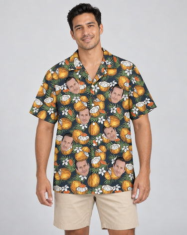 Coconut Paradise Cocktail Hawaiian shirt with printed faces, worn by a man