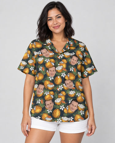 Coconut Paradise Cocktail Hawaiian shirt with printed faces, worn by a woman