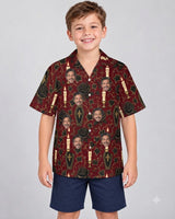 Coffin Garden Goth Hawaiian Shirt with printed faces, worn by a child