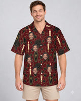 Coffin Garden Goth Hawaiian Shirt with printed faces, worn by a man