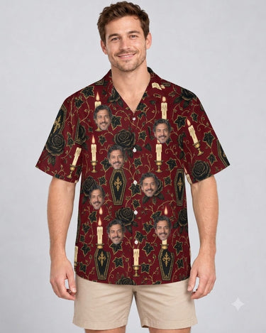 Coffin Garden Goth Hawaiian Shirt with printed faces, worn by a man
