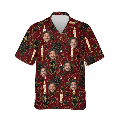 Coffin Garden Goth Hawaiian Shirt personalized with printed faces, front view