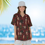 Woman wearing the Coffin Garden Goth Hawaiian Shirt with custom faces