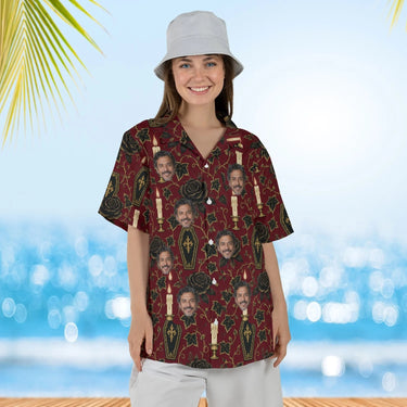 Woman wearing the Coffin Garden Goth Hawaiian Shirt with custom faces
