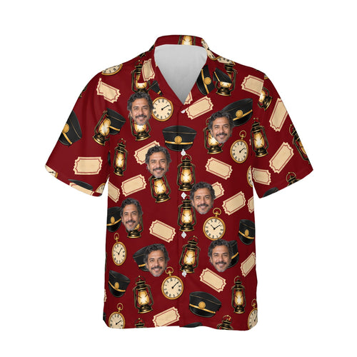 Conductor Train Hawaiian Shirt personalized with printed faces, front view
