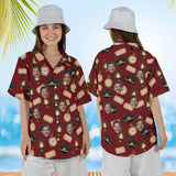 Woman wearing the Conductor Train Hawaiian Shirt with custom faces, front and back view