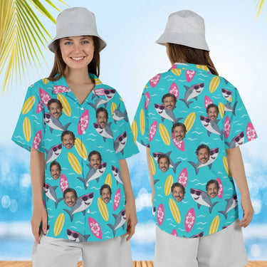 Woman wearing the Cool Shark Hawaiian Shirt with custom faces, front and back view