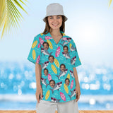 Woman wearing the Cool Shark Hawaiian Shirt with custom faces