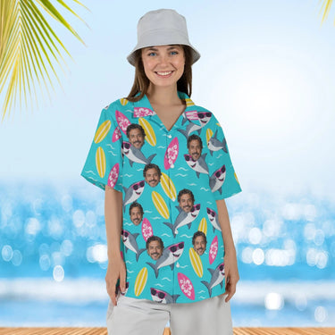 Woman wearing the Cool Shark Hawaiian Shirt with custom faces