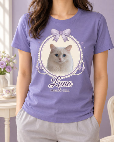 Violet coquette pet photo shirt with a white cat in a cream lace cameo, lavender ribbon bows, ivory pearl strands and the script name Luna.