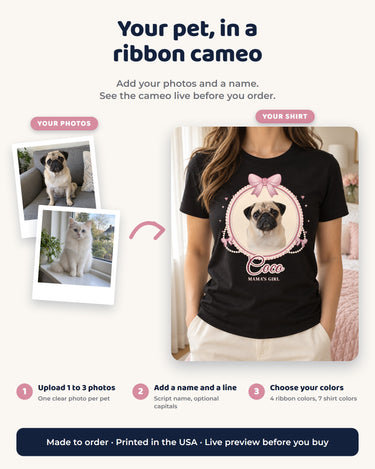 How to create a coquette pet photo shirt: upload one to three pet photos, add a script name and optional line, then choose ribbon and shirt colors.