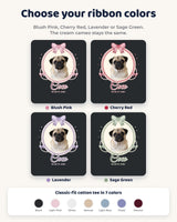 Four ribbon colorways for the coquette pet cameo tee: Blush Pink, Cherry Red, Lavender and Sage Green, shown with the same cream lace frame and pet portraits.