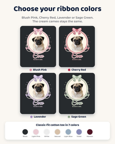 Four ribbon colorways for the coquette pet cameo tee: Blush Pink, Cherry Red, Lavender and Sage Green, shown with the same cream lace frame and pet portraits.