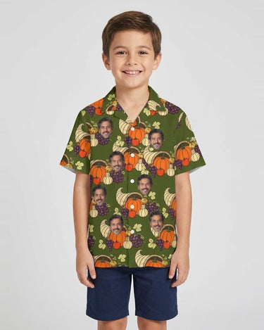 Cornucopia Harvest Thanksgiving Hawaiian Shirt with printed faces, worn by a child