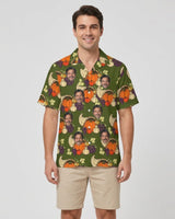 Cornucopia Harvest Thanksgiving Hawaiian Shirt with printed faces, worn by a man