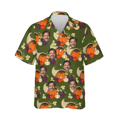 Cornucopia Harvest Thanksgiving Hawaiian Shirt personalized with printed faces, front view