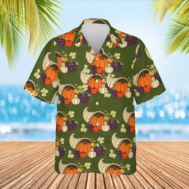 Cornucopia Harvest Thanksgiving Hawaiian Shirt print before personalizing, front view