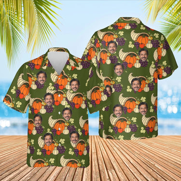 Cornucopia Harvest Thanksgiving Hawaiian Shirt with custom faces, front and back