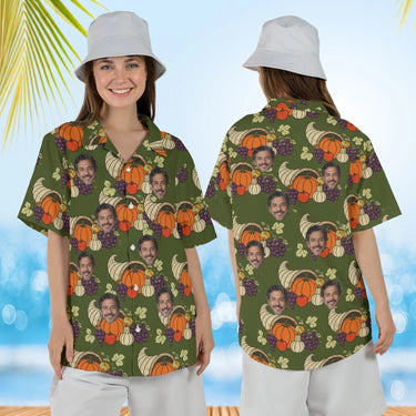 Woman wearing the Cornucopia Harvest Thanksgiving Hawaiian Shirt with custom faces, front and back view