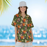 Woman wearing the Cornucopia Harvest Thanksgiving Hawaiian Shirt with custom faces