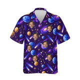 Cosmic Planets Sci-Fi Hawaiian Shirt personalized with printed faces, front view