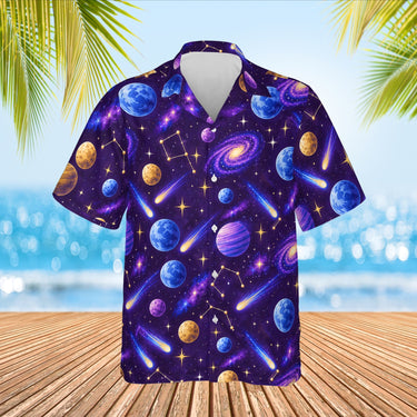 Cosmic Planets Sci-Fi Hawaiian Shirt print before personalizing, front view