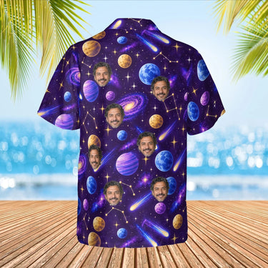 Cosmic Planets Sci-Fi Hawaiian Shirt with custom faces, back view