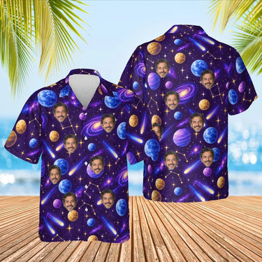 Cosmic Planets Sci-Fi Hawaiian Shirt with custom faces, front and back