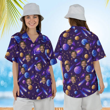 Woman wearing the Cosmic Planets Sci-Fi Hawaiian Shirt with custom faces, front and back view