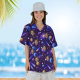 Woman wearing the Cosmic Planets Sci-Fi Hawaiian Shirt with custom faces