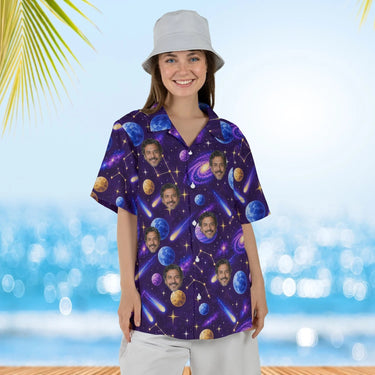 Woman wearing the Cosmic Planets Sci-Fi Hawaiian Shirt with custom faces