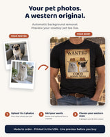 Western pet photo tee customization guide showing two source photos, automatic background removal, a custom capital name and three western design choices.