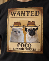 Close view of the Wanted print on a black western pet tee, with aged parchment, rope border, cowboy hats, the name COCO and the line REWARD: TREATS.