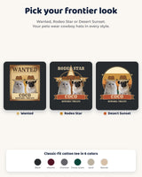 Three western pet photo tee styles shown together: an aged Wanted poster, a gold Rodeo Star badge and a Desert Sunset, all with cowboy hats and custom names.