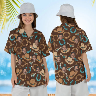 Woman wearing the Cowboy Gear Horse Hawaiian Shirt with custom faces, front and back view