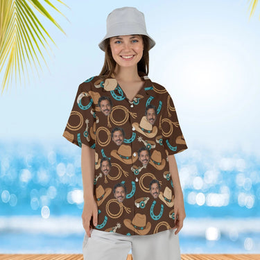 Woman wearing the Cowboy Gear Horse Hawaiian Shirt with custom faces