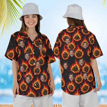 Woman wearing the Critical Hit Dice RPG Hawaiian Shirt with custom faces, front and back view