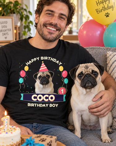 Adult wearer cropped below the chin with a fawn pug beside birthday balloons, wearing a black tee showing the same pug and Coco lettering.