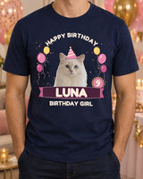 Navy pet birthday shirt with a white cat in a striped hat, pink and gold balloons, age 9 rosette, Luna ribbon and Birthday Girl lettering.