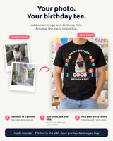 Pet birthday tee personalization steps: upload one to three pet photos, add a name, age and birthday title, then choose party colors.