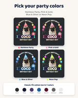 Four pet birthday print color choices: Rainbow Party, Pink & Gold, Blue & Silver and Neon Pop, using the same photos and name ribbon.