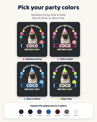 Four pet birthday print color choices: Rainbow Party, Pink & Gold, Blue & Silver and Neon Pop, using the same photos and name ribbon.